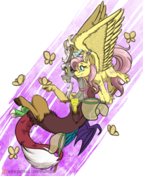 Size: 900x1101 | Tagged: safe, artist:inuhoshi-to-darkpen, discord, fluttershy, draconequus, pegasus, pony, discordant harmony, g4, butterfly net, feathered fetlocks, female, male, mare, ship:discoshy, shipping, smiling, straight