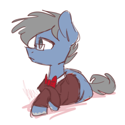 Size: 2048x2048 | Tagged: safe, artist:vanillashineart, oc, oc only, oc:silvershield, pony, bowtie, clothes, glasses, high res, looking away, lying down, solo, sweater