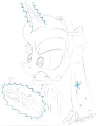 Size: 857x1090 | Tagged: safe, artist:andypriceart, princess luna, alicorn, pony, gamer luna, g4, angry, controller, denver comic con, female, headset, lineart, mare, monochrome, signature, sketch, solo