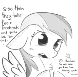 Size: 701x692 | Tagged: safe, artist:tjpones, rainbow dash, twilight sparkle, pegasus, pony, g4, blushing, cute, dashabetes, dialogue, female, floppy ears, grayscale, implied twilight sparkle, innocent, monochrome, offscreen character, simple background, solo, white background