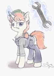 Size: 750x1050 | Tagged: safe, artist:malwinters, oc, oc only, oc:clementine, pony, unicorn, chest fluff, cigarette, hat, magic, overalls, smoking, solo, telekinesis, wrench