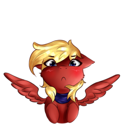 Size: 1711x1711 | Tagged: safe, artist:kourma, oc, oc only, oc:ruby rhythm, pegasus, pony, angry, begging, blushing, clothes, cute, female, hooves to the chest, mare, scarf, simple background, solo, spread wings, wings