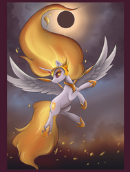 Size: 4464x5904 | Tagged: safe, artist:ardail, daybreaker, alicorn, pony, a royal problem, g4, absurd resolution, armor, eclipse, female, flying, looking at you, mare, solar eclipse, solo, spread wings, wings