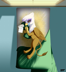 Size: 3300x3600 | Tagged: safe, artist:styroponyworks, gilda, griffon, g4, bed, blanket, envelope, feather, female, hay, high res, implied gildash, implied lesbian, implied shipping, letter, mail, solo