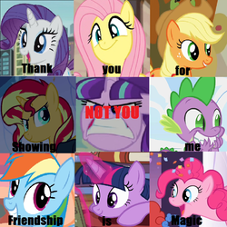 Size: 908x908 | Tagged: safe, applejack, fluttershy, pinkie pie, rainbow dash, rarity, spike, starlight glimmer, sunset shimmer, twilight sparkle, alicorn, dragon, equestria girls, g4, my little pony equestria girls, drama, hate, mane nine, meme, not you, op is a duck, op is trying to start shit, starlight drama, twilight sparkle (alicorn)