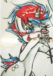 Size: 676x960 | Tagged: artist needed, safe, oc, oc only, oc:infinite futura, pony, armpits, camera, female, hoof hold, mare, solo, tongue out, traditional art