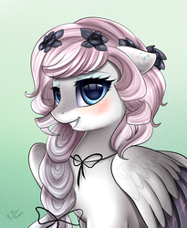 Size: 1446x1764 | Tagged: safe, artist:pridark, oc, oc only, pegasus, pony, blushing, female, floppy ears, flower, flower in hair, looking at you, mare, smiling, solo