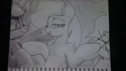 Size: 3264x1836 | Tagged: safe, artist:fatalqueef, oc, oc only, oc:filly anon, oc:nyx, alicorn, pony, 4chan, drawthread, female, filly, grin, lidded eyes, lip bite, looking at you, magical lesbian spawn, monochrome, nose wrinkle, offspring, smiling, traditional art
