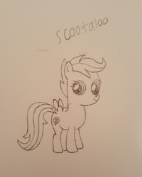 Size: 1836x2295 | Tagged: safe, artist:pony_brony_art, scootaloo, pegasus, pony, g4, female, filly, monochrome, paper, pencil, pencil drawing, scooter, solo, traditional art