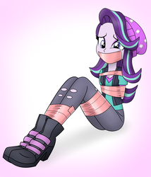 Size: 1800x2100 | Tagged: safe, artist:nivek15, starlight glimmer, equestria girls, g4, arm behind back, beanie, bondage, breasts, clothes, female, gag, hands behind back, hat, pants, sitting, small breasts, solo, tape bondage, tape gag, vest
