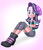 Size: 1800x2100 | Tagged: safe, artist:nivek15, starlight glimmer, equestria girls, g4, arm behind back, beanie, bondage, breasts, clothes, female, gag, hands behind back, hat, pants, sitting, small breasts, solo, tape bondage, tape gag, vest