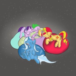 Size: 1024x1024 | Tagged: safe, artist:peppertech, edit, spike, starlight glimmer, sunset shimmer, trixie, dragon, pony, unicorn, g4, beanbag chair, bisexual, counterparts, cute, female, lesbian, male, mare, polyamory, ship:sparlight, ship:sunsetspike, shipping, sleeping, sparlixie, spike gets all the mares, spixie, straight, sunsparlight, sunsparlixie, twilight's counterparts