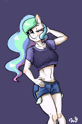 Size: 500x750 | Tagged: safe, artist:passigcamel, princess celestia, anthro, g4, belly button, clothes, daisy dukes, female, midriff, one eye closed, short shirt, shorts, solo, wink