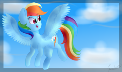 Size: 2007x1181 | Tagged: safe, artist:itwasscatters, rainbow dash, pegasus, pony, g4, female, flying, mare, simple background, sky, solo