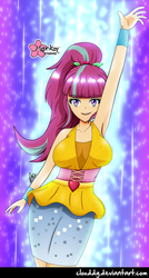 Size: 537x1000 | Tagged: safe, artist:clouddg, sour sweet, dance magic, equestria girls, equestria girls specials, g4, armpits, breasts, busty sour sweet, clothes, dancing, dress, female, human coloration, looking at you, ponytail, solo