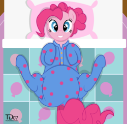 Size: 1778x1736 | Tagged: safe, artist:thunderdasher07, pinkie pie, pony, g4, rock solid friendship, bed, clothes, diaper, diaper fetish, diaper under clothes, female, fetish, footed sleeper, hooves up, lying down, lying on bed, non-baby in diaper, on back, on bed, pajamas, poofy diaper, solo, spread legs, spreading