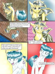 Size: 1024x1365 | Tagged: safe, artist:tillie-tmb, oc, oc only, oc:meadow lark, oc:tempest, earth pony, pony, unicorn, comic:the amulet of shades, cloak, clothes, comic, female, mare, traditional art