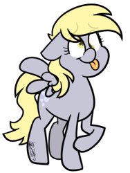 Size: 2107x2803 | Tagged: safe, artist:befishproductions, derpy hooves, pegasus, pony, g4, female, floppy ears, high res, raised hoof, signature, silly, silly pony, simple background, smiling, solo, tongue out, transparent background