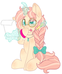 Size: 1083x1293 | Tagged: safe, artist:adostume, oc, oc only, oc:ann, pony, bow, glasses, magic, pencil, solo
