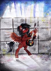 Size: 1024x1430 | Tagged: safe, artist:lailyren, oc, oc only, oc:crash, pony, bipedal, guitar, solo, traditional art