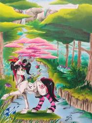 Size: 780x1040 | Tagged: safe, artist:scootiegp, oc, oc only, oc:bloody herb, pony, unicorn, clothes, feather, flower, forest, river, socks, solo, striped socks, traditional art, tree, waterfall