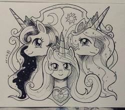 Size: 1080x953 | Tagged: safe, artist:gensokishidan, princess cadance, princess celestia, princess luna, pony, g4, bust, monochrome, portrait, traditional art