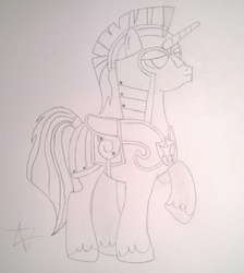 Size: 1757x1961 | Tagged: safe, derpibooru exclusive, shining armor, pony, unicorn, g4, armor, helmet, male, monochrome, pencil drawing, raised hoof, serious, serious face, sketch, solo, stallion, standing, traditional art, unshorn fetlocks