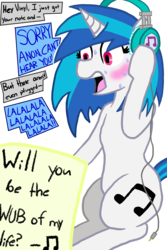 Size: 1000x1500 | Tagged: safe, artist:legendoflink, dj pon-3, vinyl scratch, pony, unicorn, g4, blushing, cute, embarrassed, female, headphones, love note, mare, solo, speech, sweat, wide eyes, yelling