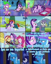 Size: 1024x1280 | Tagged: safe, maud pie, pinkie pie, spike, starlight glimmer, sunburst, sunset shimmer, trixie, unicorn, celestial advice, equestria girls, equestria girls specials, g4, my little pony equestria girls: mirror magic, my little pony: friendship is magic, no second prances, rock solid friendship, the crystalling, spanish, translated in the comments