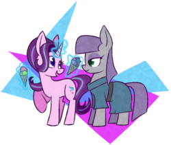 Size: 1024x864 | Tagged: safe, artist:woollily, maud pie, starlight glimmer, earth pony, pony, unicorn, g4, cute, duo, food, glimmerbetes, glowing horn, horn, ice cream