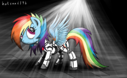 Size: 1280x788 | Tagged: safe, artist:livehotsun, rainbow dash, pony, robot, robot pony, g4, female, looking back, looking up, mare, multicolored hair, solo, sunlight