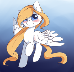 Size: 1641x1585 | Tagged: safe, artist:fluffleduckle, oc, oc only, oc:luftkrieg, pegasus, pony, alternate hairstyle, aryan, aryan pony, blonde, blushing, cute, female, filly, gradient background, luftkriebetes, nazipone, solo, spread wings, standing, wings