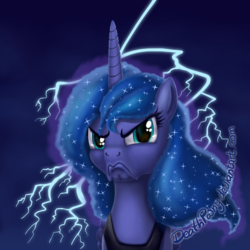 Size: 1024x1024 | Tagged: safe, artist:deathpwny, princess luna, alicorn, pony, a royal problem, g4, female, frown, grumpy, lightning, mare, solo