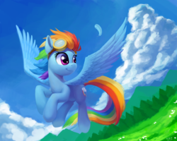 Size: 5000x4000 | Tagged: safe, artist:draconidsmxz, rainbow dash, pegasus, pony, g4, absurd resolution, cloud, cute, dashabetes, feather, female, flying, goggles, grass, mare, mountain, sky, smiling, solo, windswept mane