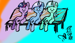 Size: 588x338 | Tagged: safe, artist:harcoal, lyra heartstrings, minuette, twilight sparkle, alicorn, pony, g4, bench, request, twilight sparkle (alicorn)