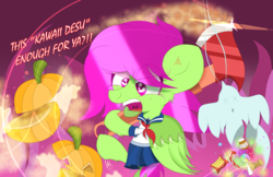 Size: 2700x1750 | Tagged: safe, artist:dannykay4561, oc, oc only, oc:breeze skies, ghost, pegasus, pony, angry, anime, axe, candy, clothes, costume, dialogue, female, food, halloween, halloween costume, holiday, jack-o-lantern, mare, pumpkin, sailor uniform, school uniform, schoolgirl, skirt, solo, weapon, wings