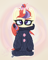 Size: 2000x2500 | Tagged: safe, artist:binkyt11, moondancer, unicorn, semi-anthro, g4, :<, blushing, clothes, cute, eyebrows, female, firealpaca, glasses, high res, mare, oversized clothes, raised eyebrow, solo, sweater