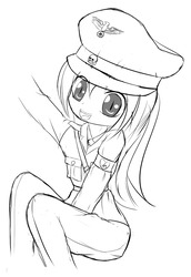 Size: 870x1263 | Tagged: safe, artist:an-m, oc, oc only, oc:aryanne, human, :d, armband, clothes, cute, cute little fangs, fangs, female, girly, grayscale, hat, humanized, humanized oc, looking at you, monochrome, reichsadler, sieg heil, simple background, sketch, slit pupils, smiling, solo, uniform, white background