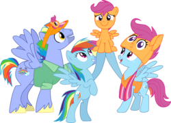 Size: 3562x2562 | Tagged: safe, artist:frownfactory, bow hothoof, rainbow dash, scootaloo, windy whistles, pegasus, pony, g4, parental glideance, .svg available, clothes, costume, female, filly, freckles, happy, hat, high res, male, mare, rainbow dash's parents, scarf, scootalove, shirt, simple background, smiling, stallion, stubble, svg, transparent background, unshorn fetlocks, vector, wings