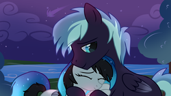 Size: 1024x576 | Tagged: safe, artist:sugguk, oc, oc only, oc:lullaby, oc:spectrum lights, pony, female, half r63 shipping, hug, lake, male, mare, night, rule 63, shipping, stallion, tree