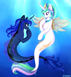 Size: 1993x2175 | Tagged: safe, artist:mailner, princess celestia, princess luna, seapony (g4), g4, my little pony: the movie, crown, cute, eyelashes, female, glowing, horn, jewelry, looking at each other, magic, magic aura, necklace, ocean, present, regalia, sealestia, seaponified, seapony celestia, seapony luna, sisters, smiling, species swap, tail, underwater, water