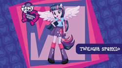 Size: 2560x1440 | Tagged: safe, twilight sparkle, equestria girls, g4, official, clothes, female, leg warmers, mlp club, my little pony logo, ponied up, skirt, solo, twilight sparkle (alicorn), wallpaper