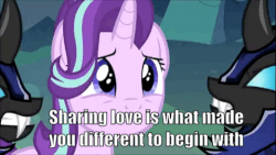 Size: 479x270 | Tagged: safe, edit, starlight glimmer, changeling, pony, unicorn, g4, to where and back again, animated, female, funny, gif, innuendo, michael scott, steve carell, text, that's what she said, the office