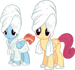 Size: 5750x5359 | Tagged: safe, artist:ironm17, posey shy, windy whistles, pegasus, pony, g4, absurd resolution, bathrobe, clothes, duo, duo female, female, mare, simple background, slippers, smiling, towel, transparent background, vector