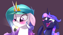 Size: 1920x1080 | Tagged: safe, artist:underpable, princess celestia, princess luna, alicorn, pony, tabun art-battle, g4, blushing, crown, crying, cute, cutelestia, duo, female, floppy ears, jewelry, laughing, lightbulb, mare, nose wrinkle, regalia, royal sisters, sillestia, silly, silly pony, sweat, tears of laughter
