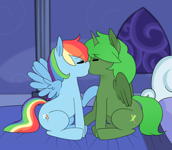 Size: 3200x2800 | Tagged: safe, artist:somescrub, rainbow dash, oc, oc:green thunder, pony, g4, canon x oc, eyes closed, female, high res, kissing, male, never doubt blaa6 involvement, spread wings, straight, wings