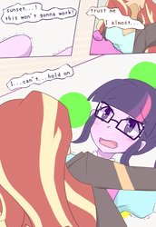 Size: 826x1200 | Tagged: safe, artist:yuck, sci-twi, sunset shimmer, twilight sparkle, equestria girls, g4, blushing, colored pupils, comic, dialogue, female, glasses, lesbian, out of context, ship:sci-twishimmer, ship:sunsetsparkle, shipping