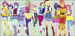 Size: 1292x628 | Tagged: safe, artist:dollfixer, artist:rebeeccadesings, applejack, fluttershy, indigo zap, lemon zest, pinkie pie, rainbow dash, rarity, sci-twi, sour sweet, sugarcoat, sunny flare, sunset shimmer, twilight sparkle, dance magic, equestria girls, g4, spoiler:eqg specials, alternate hairstyle, applejack's hat, base used, baseball cap, belt, boots, cap, clothes, converse, cowboy boots, cowboy hat, cute, disco dress, dress, eyes closed, eyeshadow, female, flamenco dress, freckles, glasses, grin, hat, headphones, high heel boots, humane five, humane six, jacket, looking at you, makeup, mane six, one eye closed, open mouth, pants, ponied up, rapper dash, shadow five, shoes, size difference, skirt, smiling, sneakers, socks, sunset shimmer flamenco dress, sweatpants, vest, wink, zest best dress