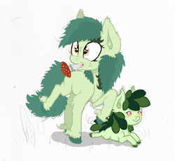 Size: 1529x1413 | Tagged: safe, artist:paskanaakka, derpibooru exclusive, oc, oc only, oc:bittergreen, oc:sweetleaf, earth pony, pony, baby, baby pony, chest fluff, colored hooves, duo, ear fluff, female, filly, freckles, mushroom, nose wrinkle, simple background, sisters, smiling, unshorn fetlocks