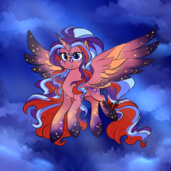 Size: 1500x1500 | Tagged: safe, artist:sapphirescarletta, starlight glimmer, sunset shimmer, trixie, alicorn, pony, g4, counterparts, digital art, female, flying, fusion, long mane, mare, solo, twilight's counterparts, xk-class end-of-the-world scenario
